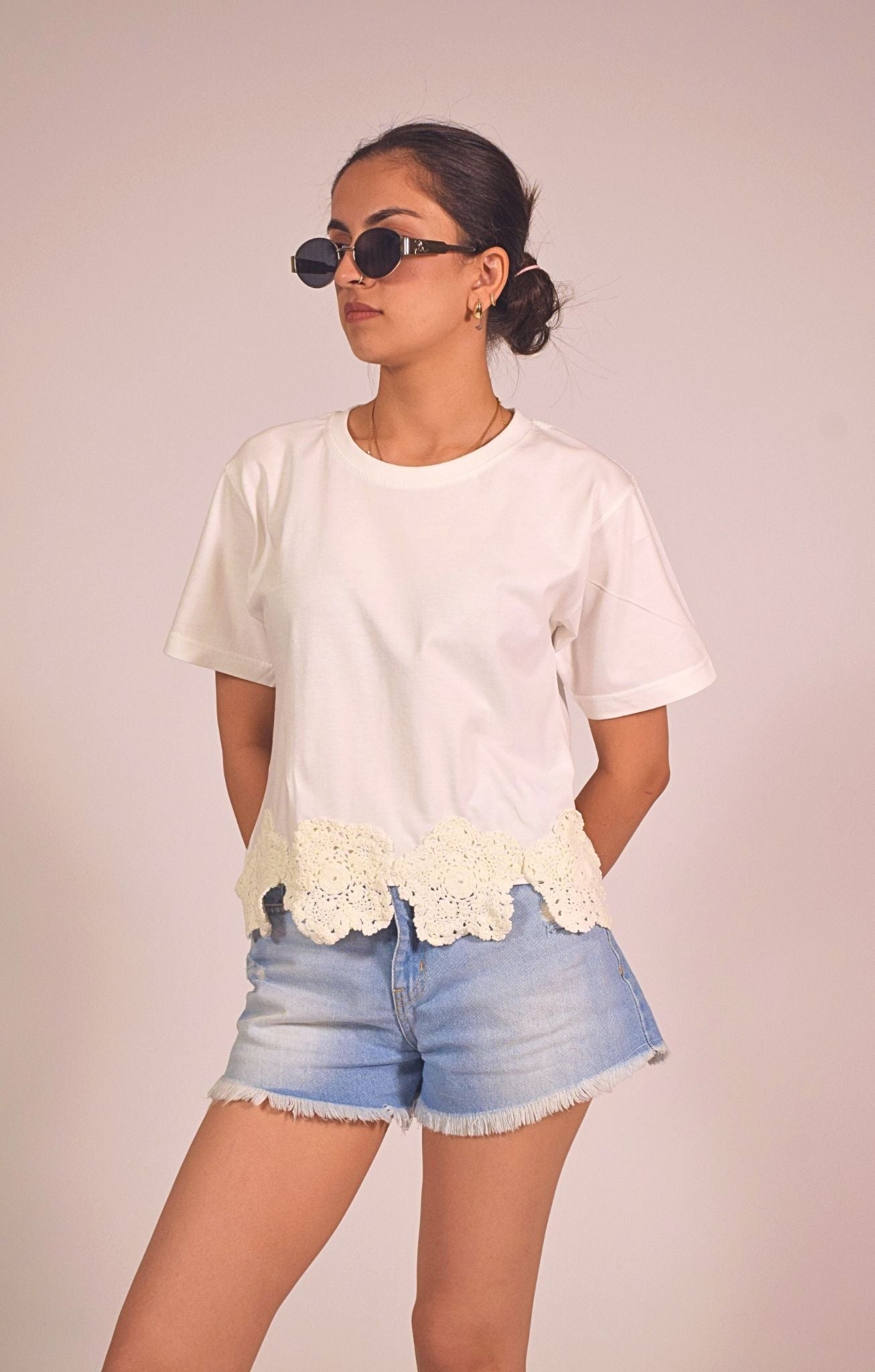 Downtown Crochet Embellished Handcrafted Crop T Shirt