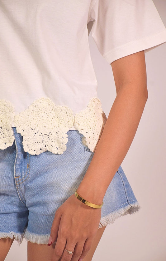 Downtown Crochet Embellished Handcrafted Crop T Shirt