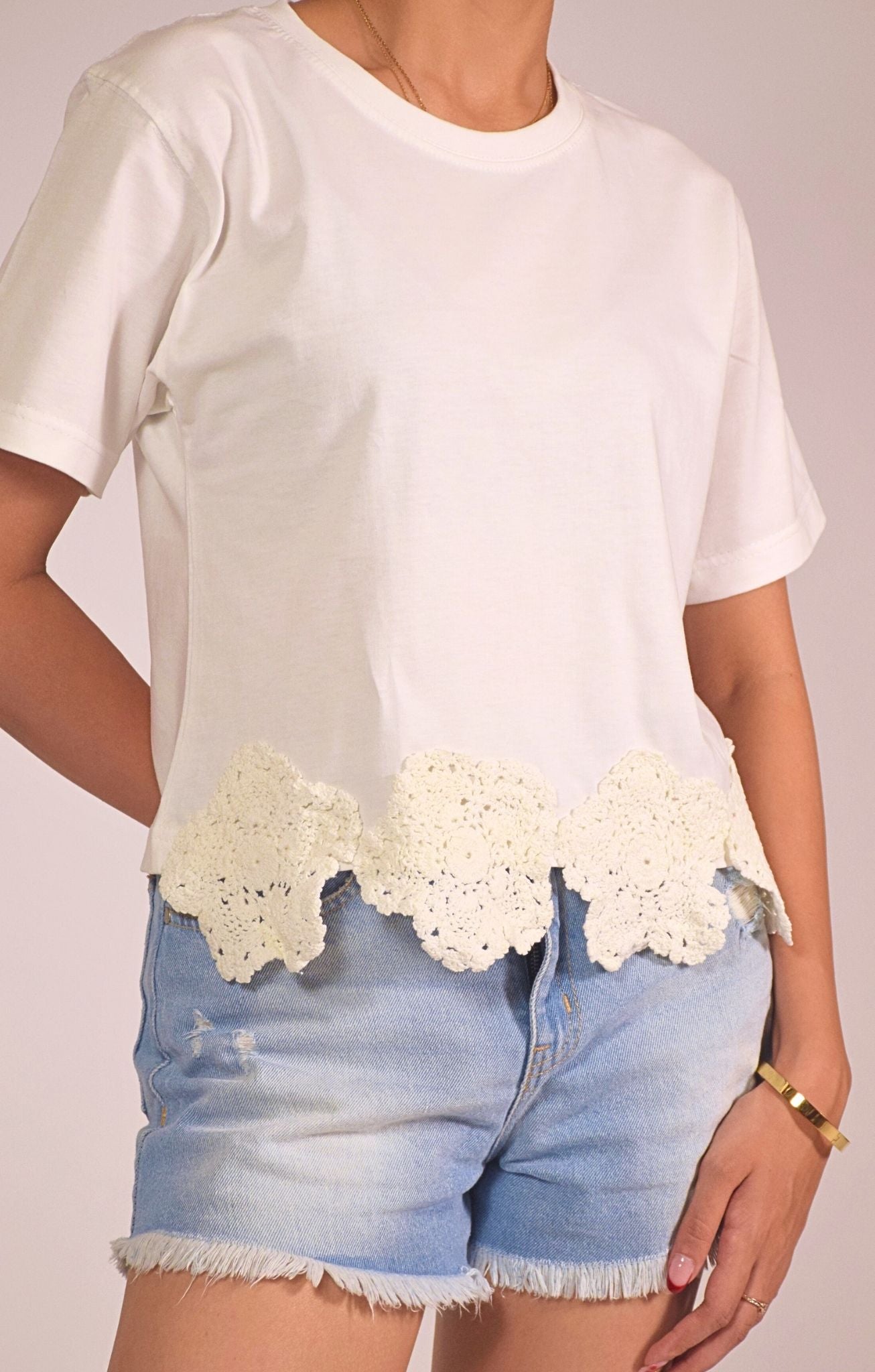 Downtown Crochet Embellished Handcrafted Crop T Shirt