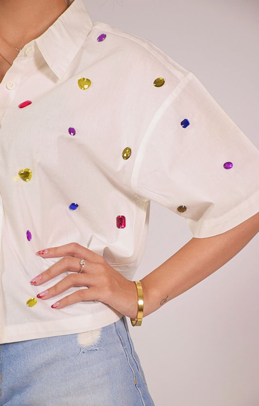 9 Stone Embellished Handcrafted Crop Shirt