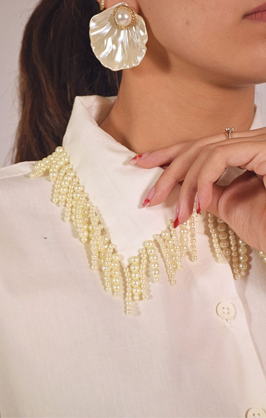 Pearl Fall Embellished Handcrafted Crop Shirt