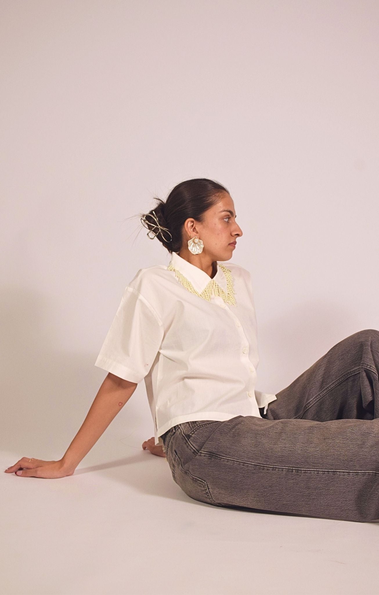 Pearl Fall Embellished Handcrafted Crop Shirt