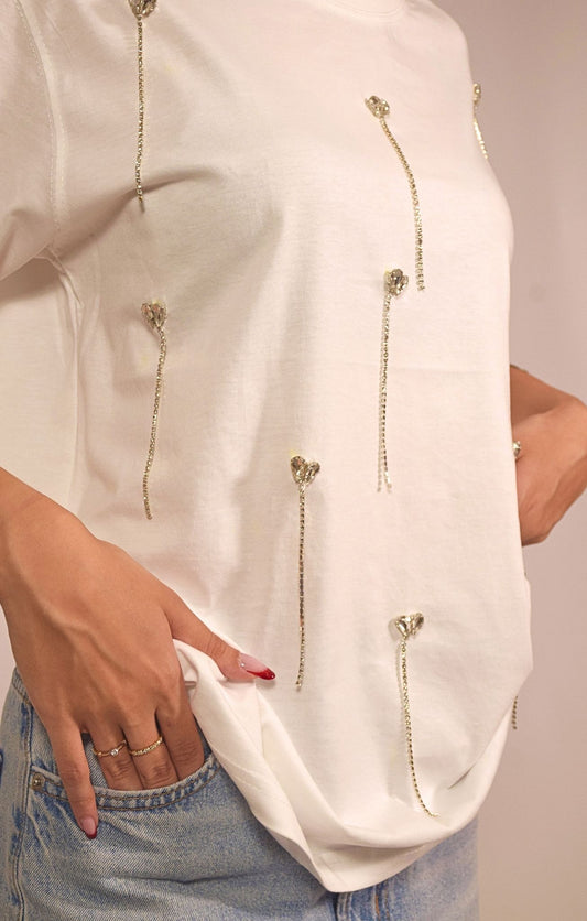 Heartdrop Embellished Handcrafted Drop Oversized T Shirt