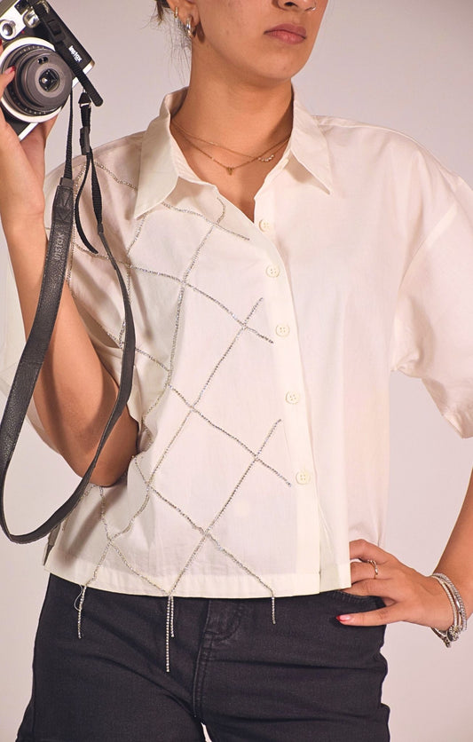 Cross Embellished Handcrafted Crop Shirt