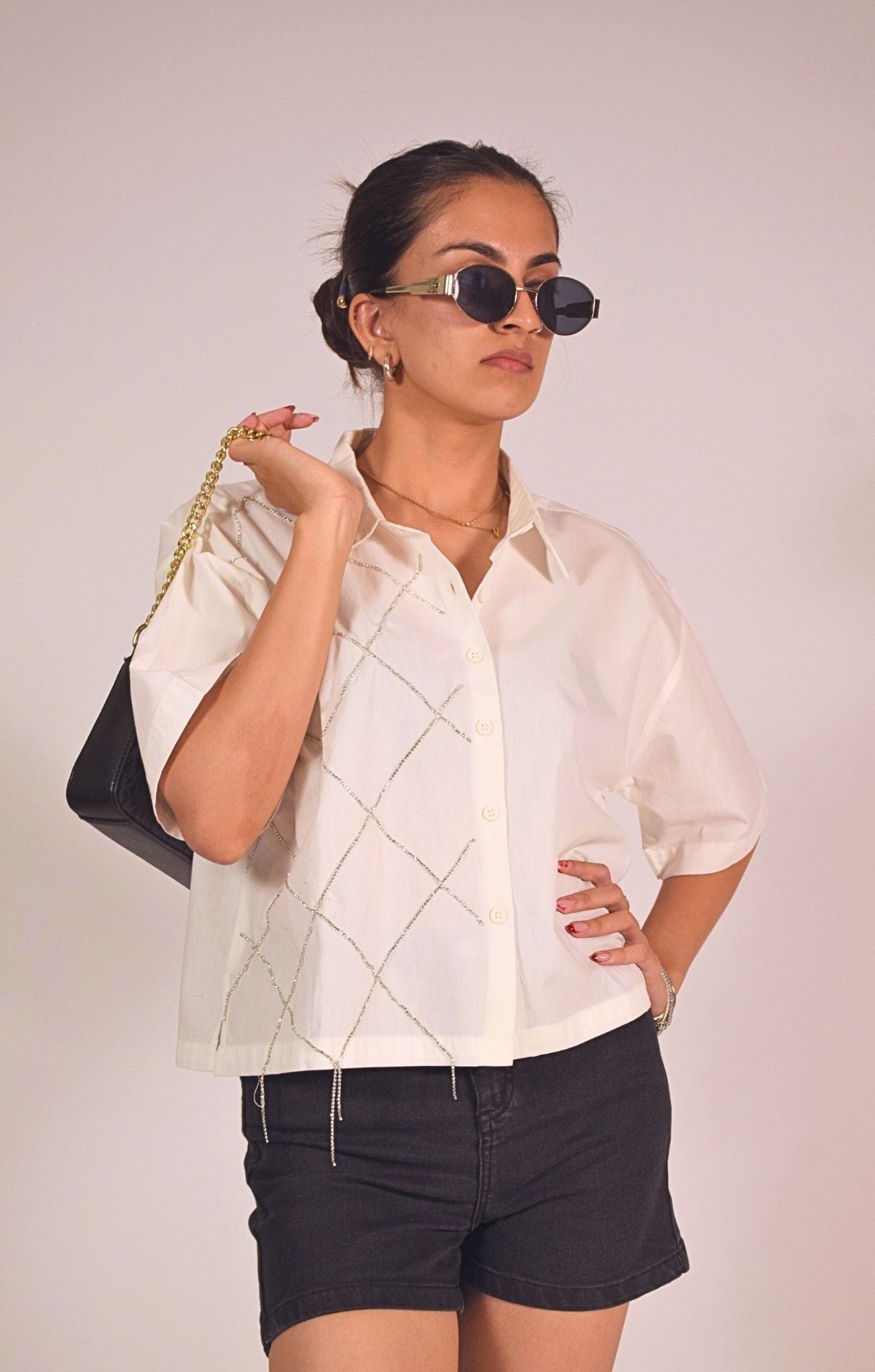 Cross Embellished Handcrafted Crop Shirt