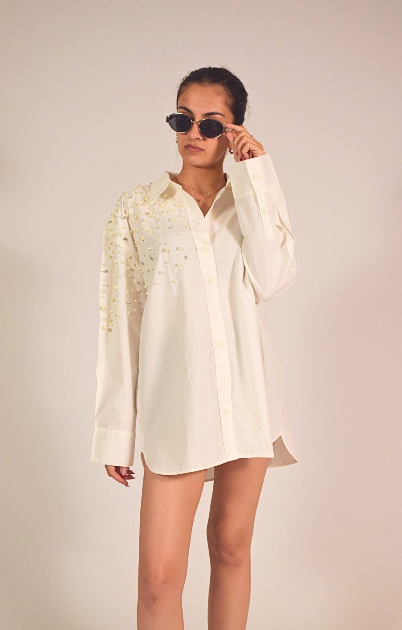 Boujee Pearl Embellished Handcrafted Oversized Shirt