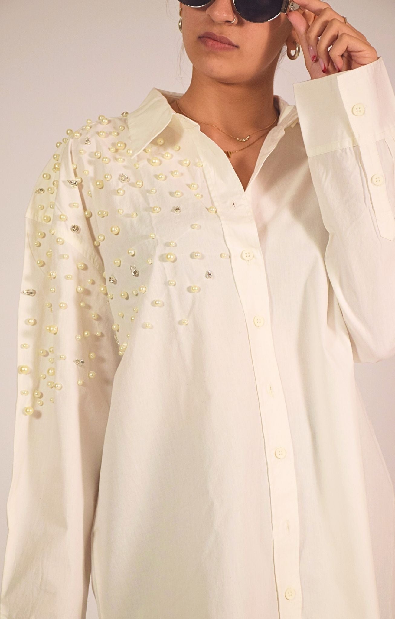 Boujee Pearl Embellished Handcrafted Oversized Shirt