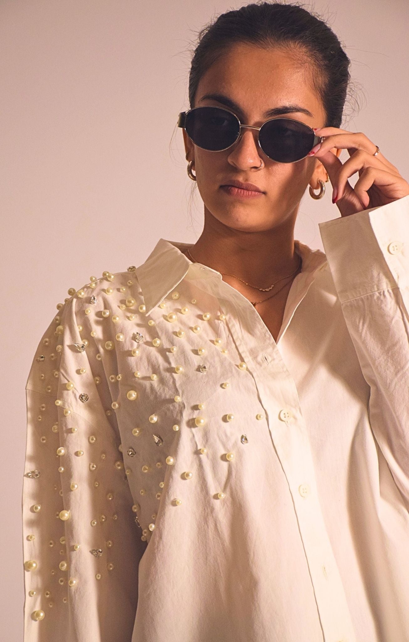 Boujee Pearl Embellished Handcrafted Oversized Shirt