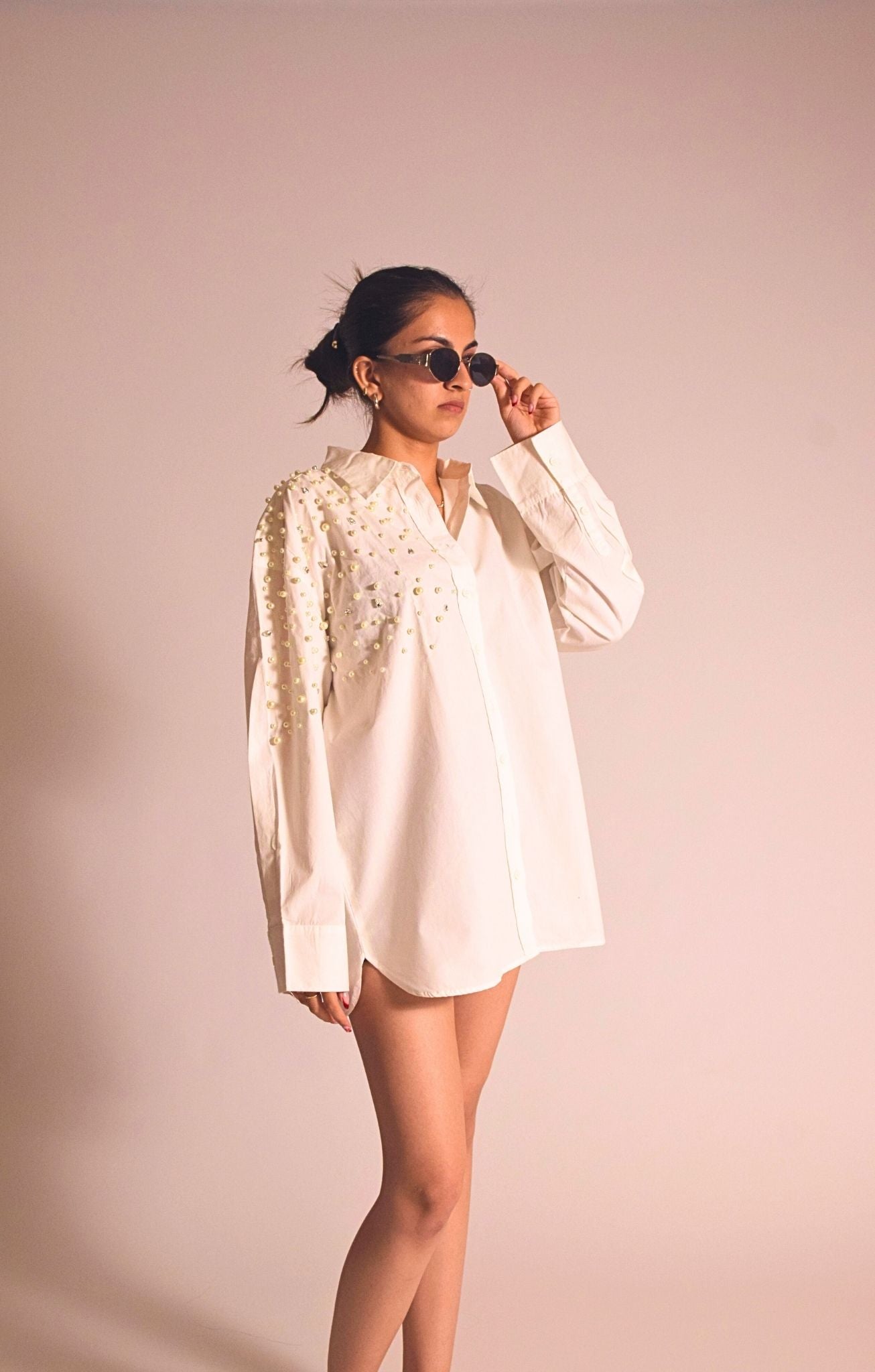 Boujee Pearl Embellished Handcrafted Oversized Shirt