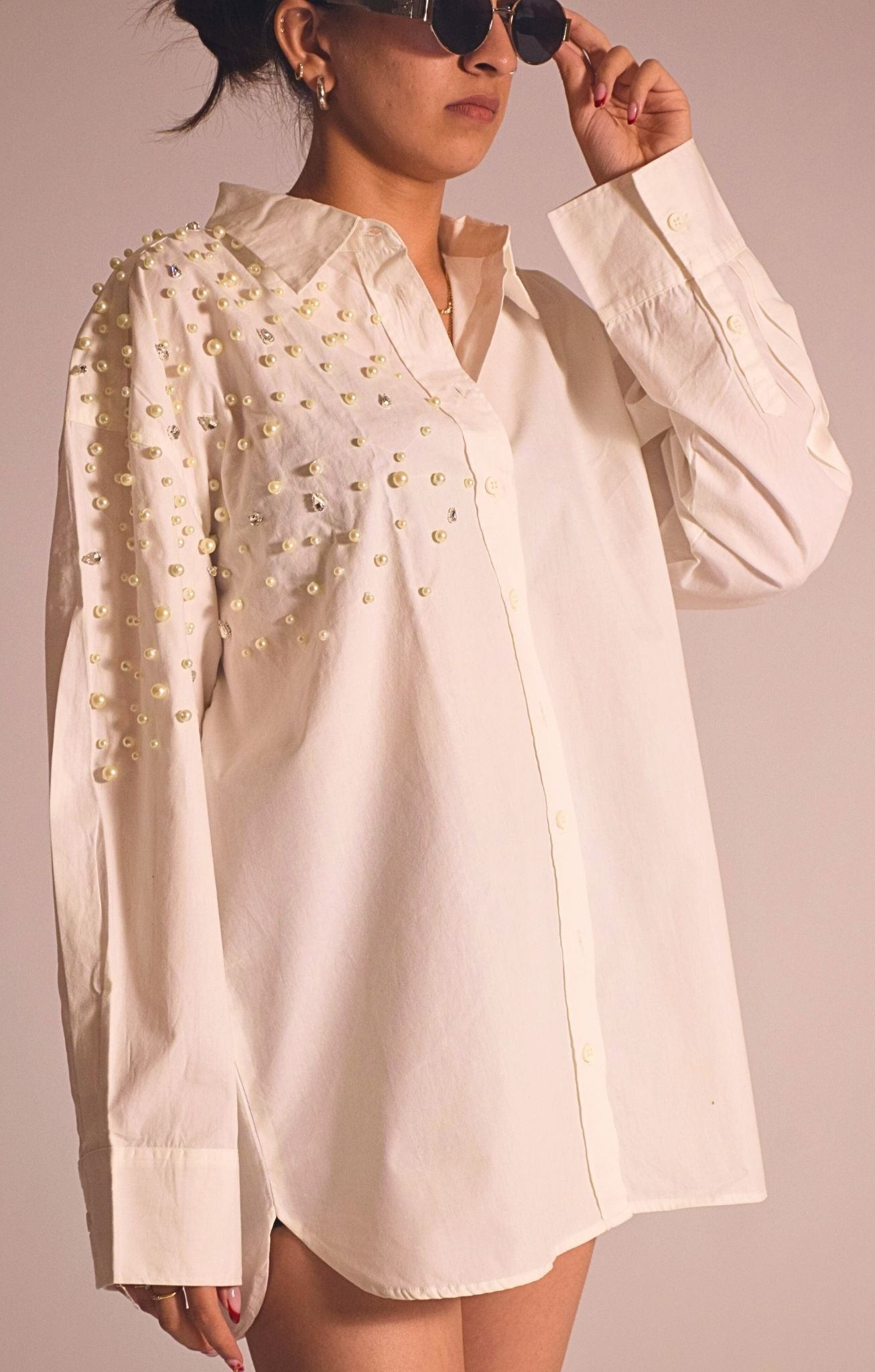 Boujee Pearl Embellished Handcrafted Oversized Shirt
