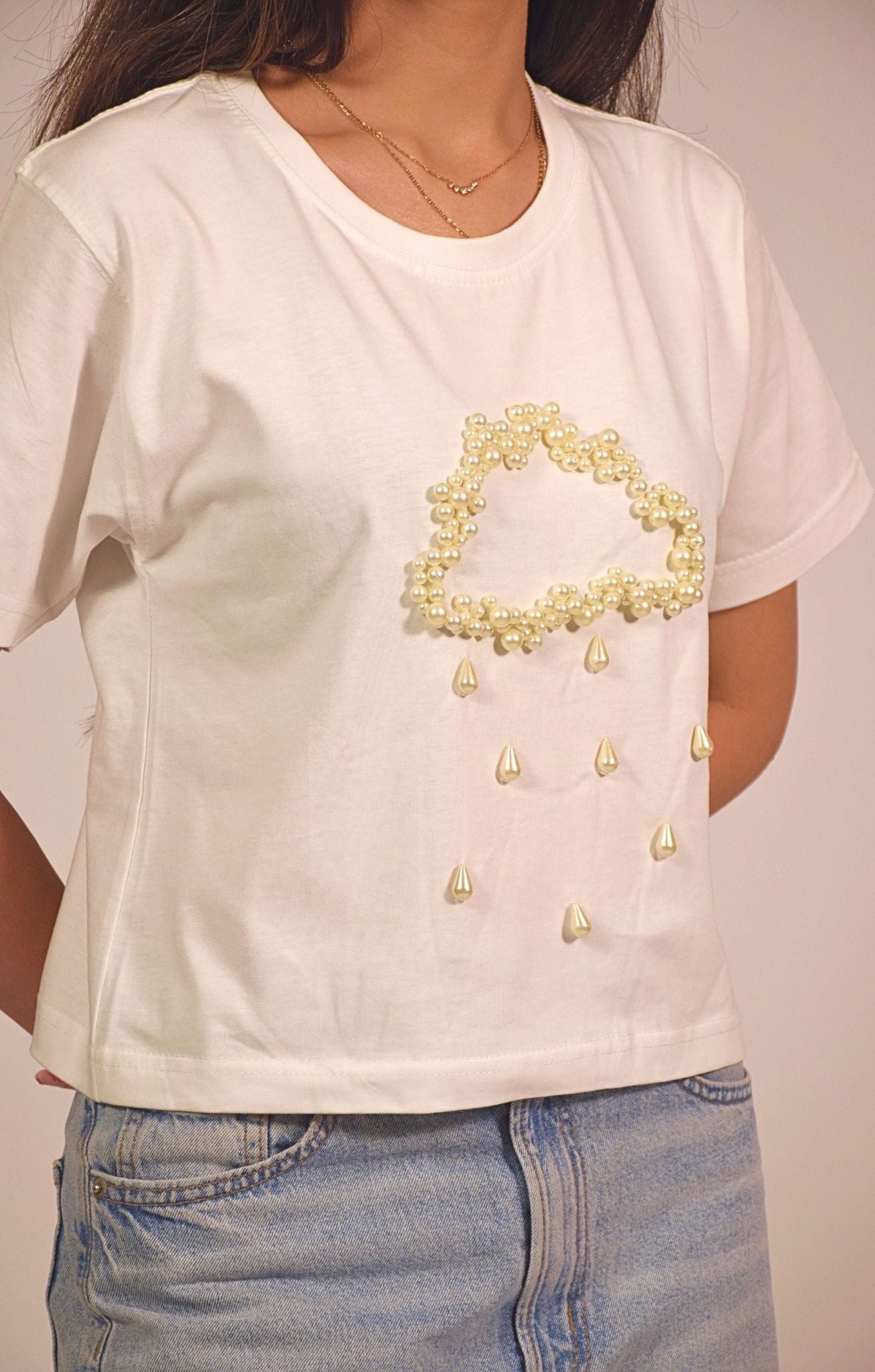 Rain Embellished Handcrafted Crop T Shirt