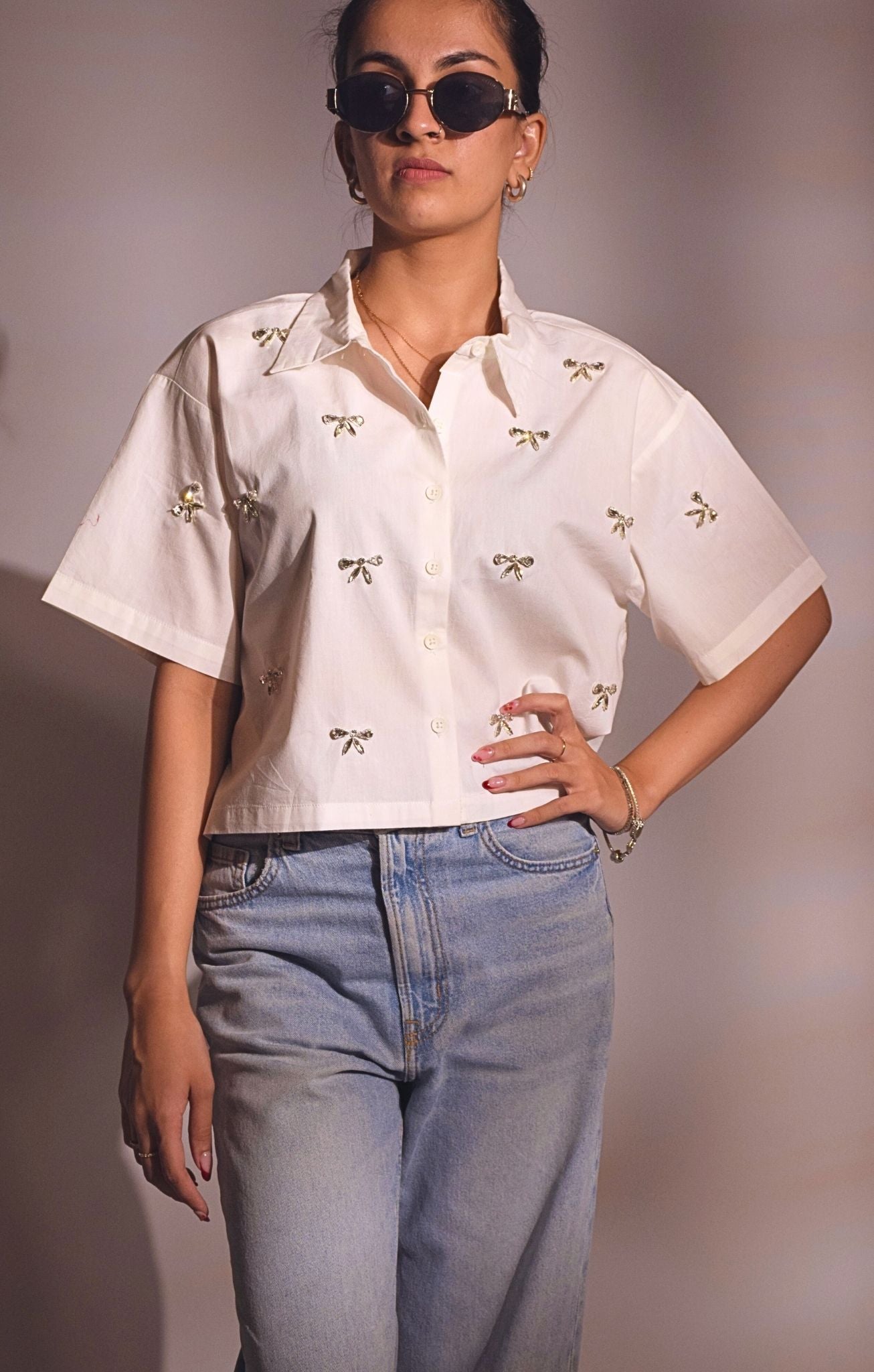 Bow Bliss Embellished Handcrafted Crop Shirt