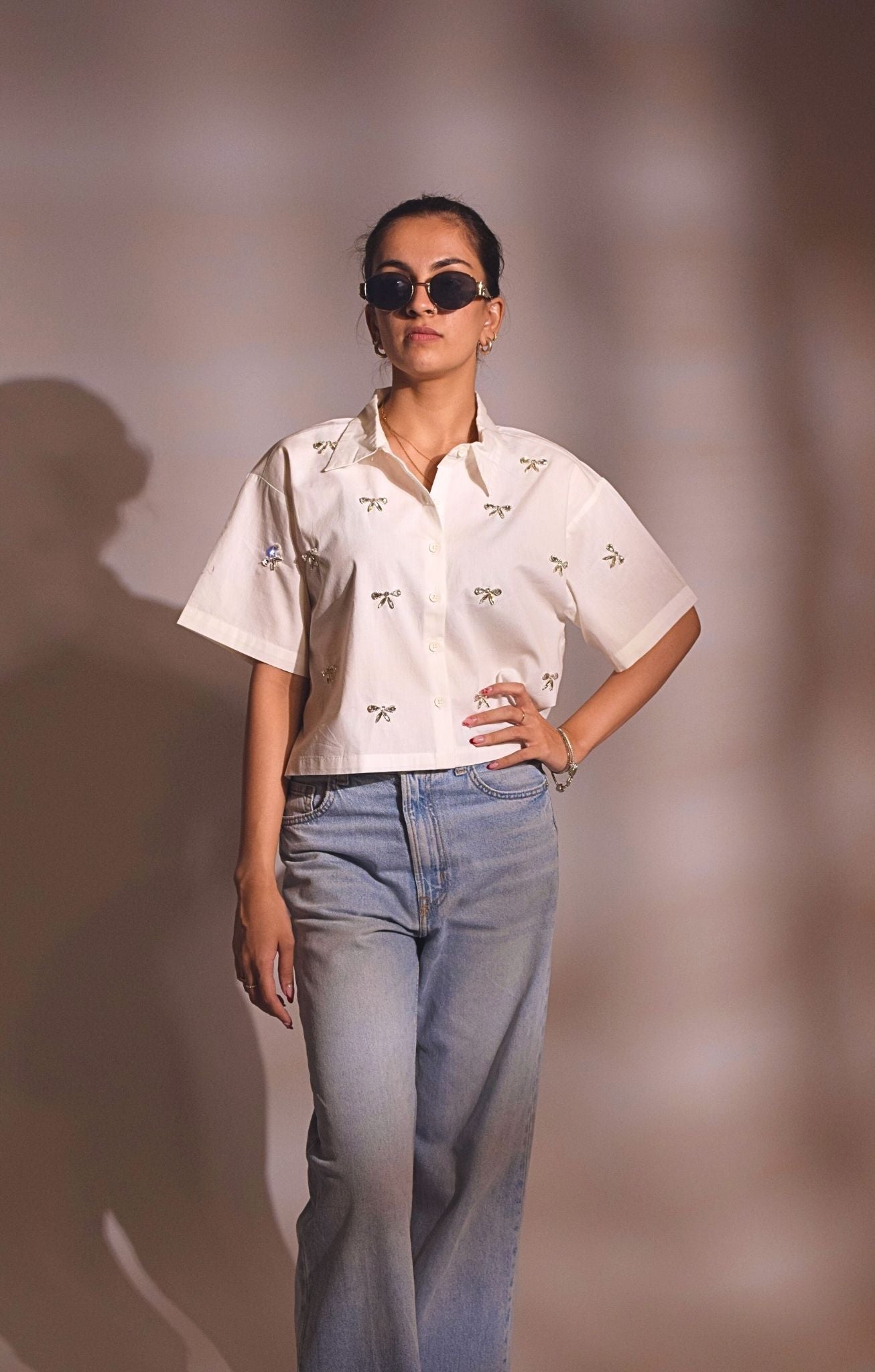 Bow Bliss Embellished Handcrafted Crop Shirt