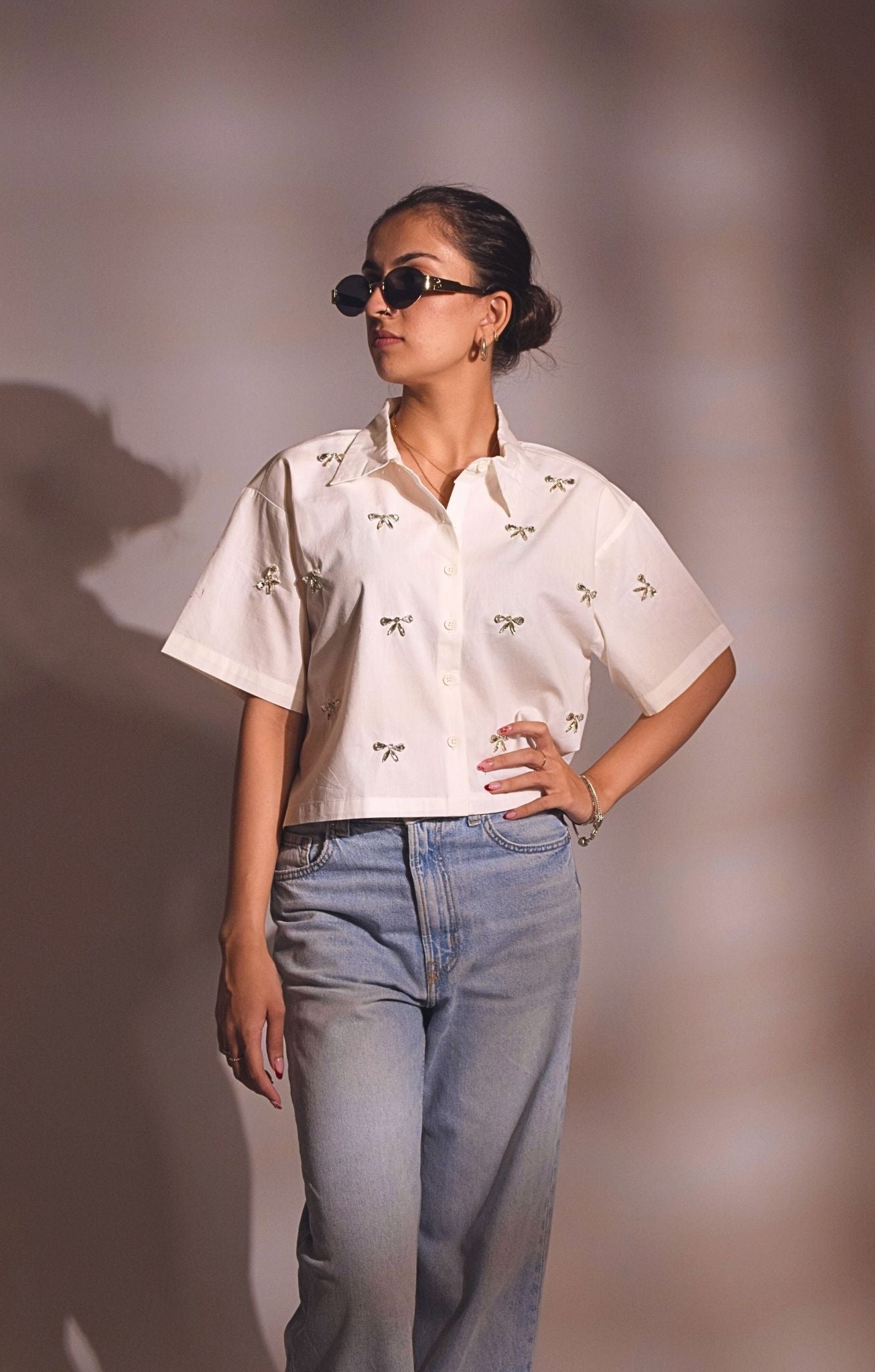 Bow Bliss Embellished Handcrafted Crop Shirt