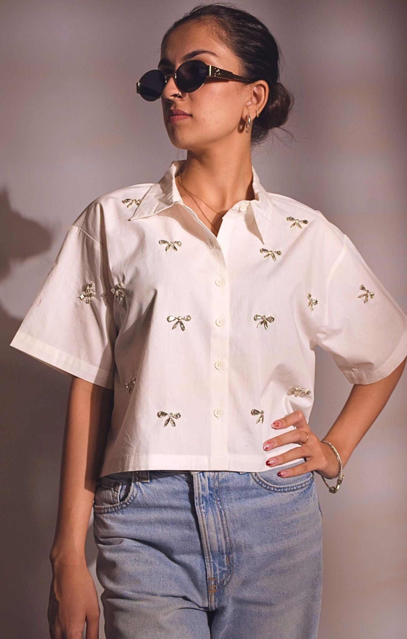 Bow Bliss Embellished Handcrafted Crop Shirt