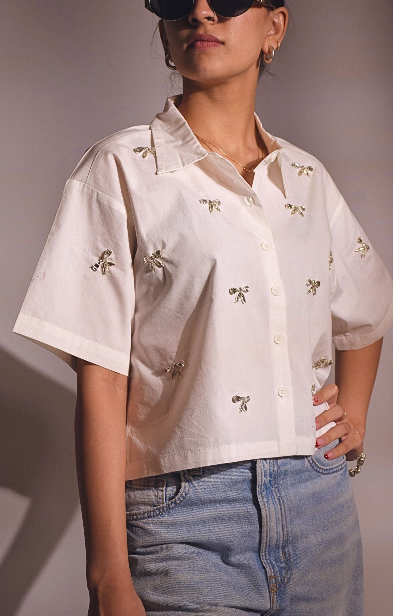 Bow Bliss Embellished Handcrafted Crop Shirt