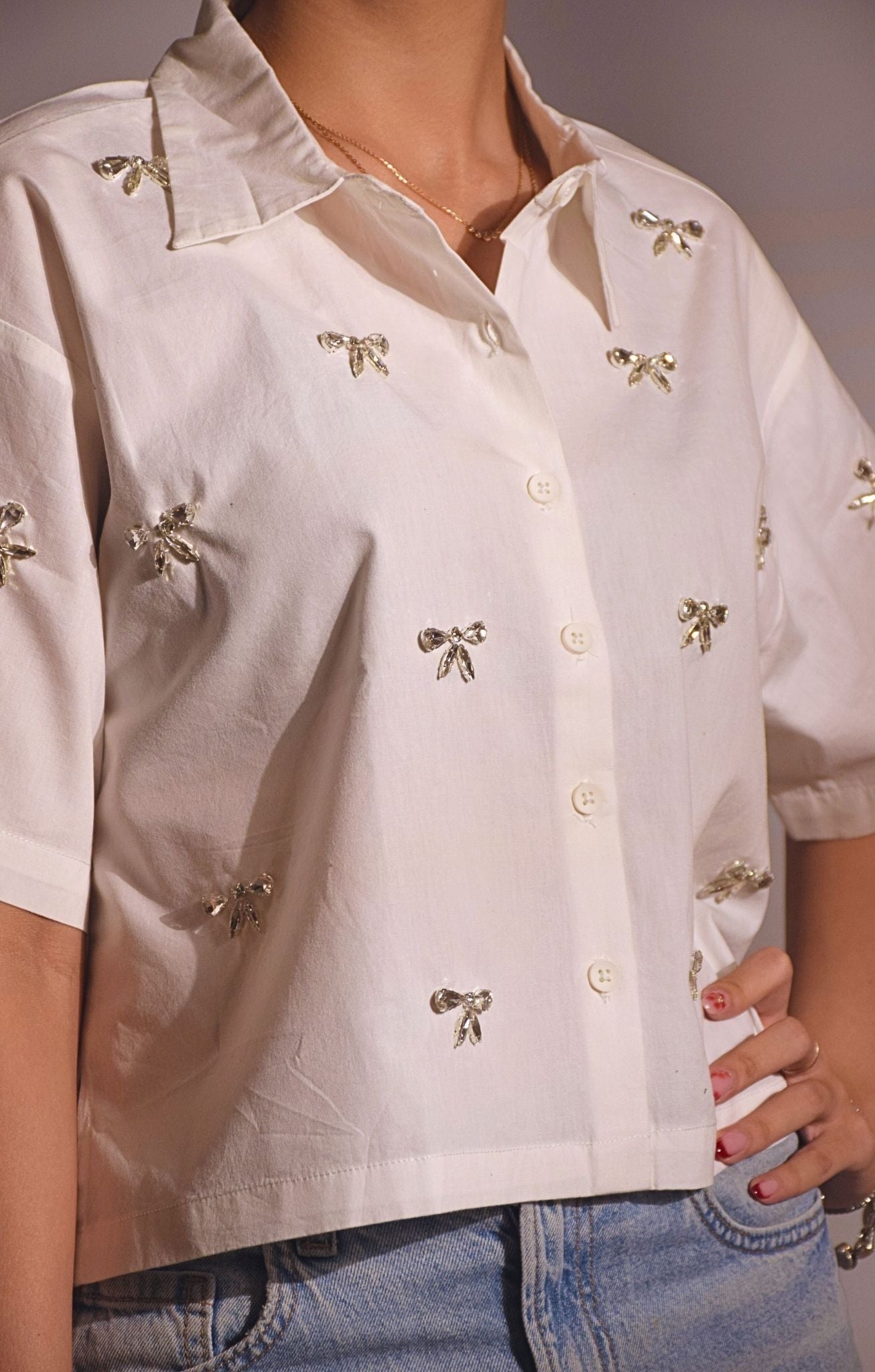 Bow Bliss Embellished Handcrafted Crop Shirt